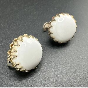 Vintage Miriam Haskell Earrings White Milk Glass Silver Clip On Screw Back